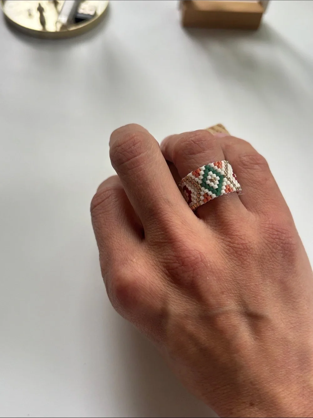 Handwoven Beaded Ring in Red and White - Artisan Style
